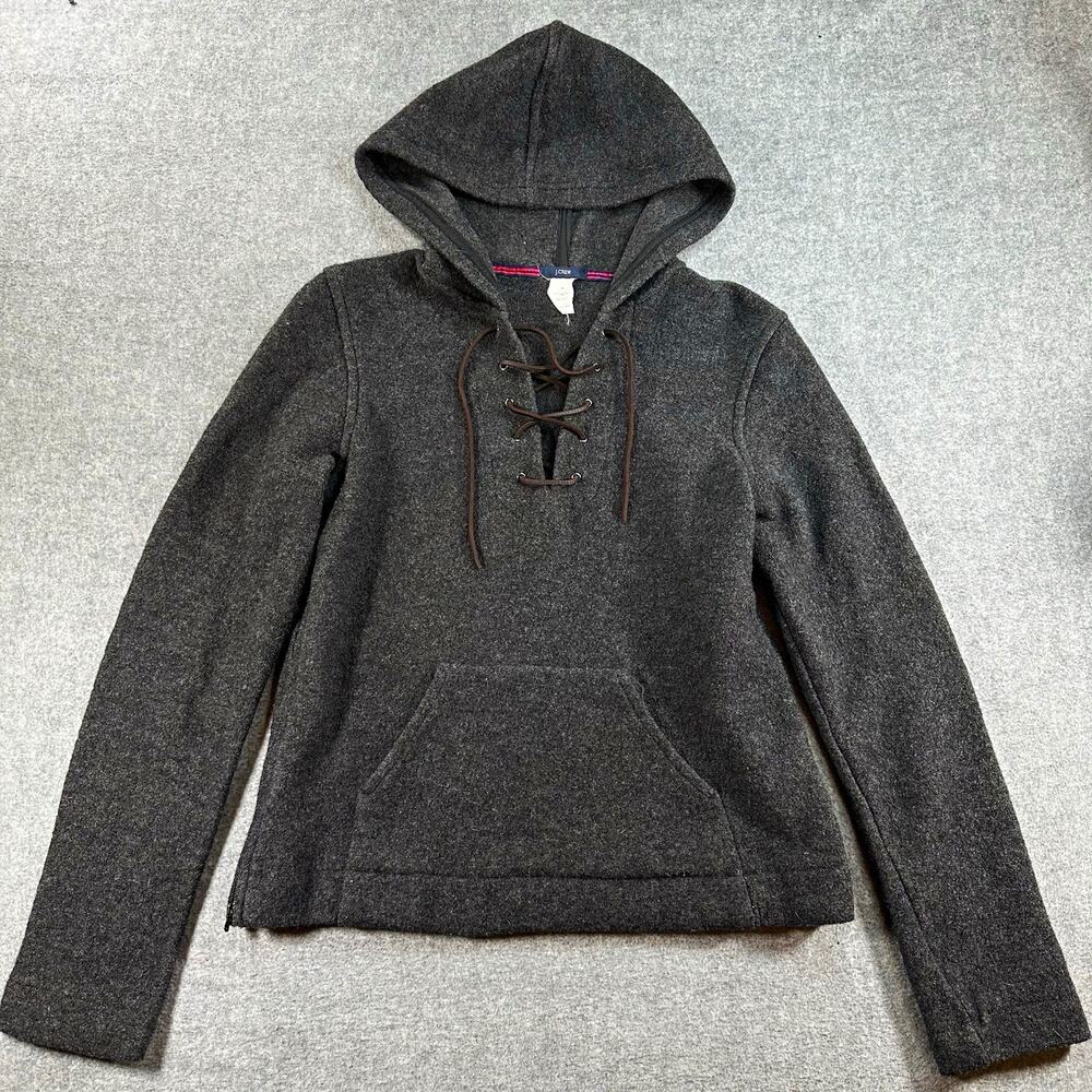 Vintage J Crew Wool Hoodie Womens M Made USA Lace Up Pullover Gray 90s